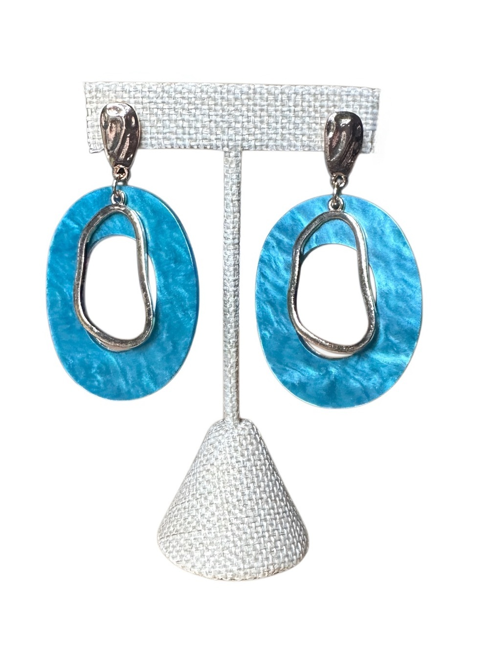 Blue Resin and Silver Drop Hoop Earrings - Women Jewelry